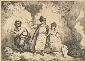 《暴风雨》中的一幕：卡利班、普罗斯佩罗和米兰达，[1783-87]1801年再版。 作者 托马斯·罗兰森