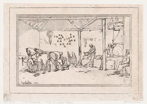 穿鞋：乡村锻造厂 一个法师的商店，1787年。 作者 托马斯·罗兰森