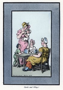 坐着卖鹌鹑奶和牛奶的女人有母子（1819）。 木版画，基于 Thomas Rowlandson (1756-1827) 的一幅画作，出版于 The Cris of London：有六个迷人的孩子和近 40 幅插图，Andrew Tuer，Field 作者 托马斯·罗兰森