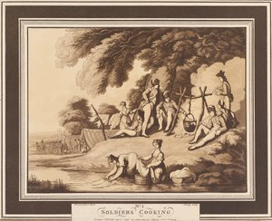 《士兵烹饪》，约 1798 年（浅绿色、棕褐色） 作者 托马斯·罗兰森