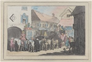 准备出发的旅店院子里的驿车和骑手，1789-95。 作者 托马斯·罗兰森