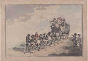 舞台上的马车和六人，1786-93。，1786-93。 作者 托马斯·罗兰森