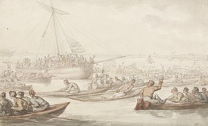Doggett外套和徽章年度划船比赛，c.1805-10（铅笔，钢笔，墨水和纸上水彩） 作者 托马斯·罗兰森