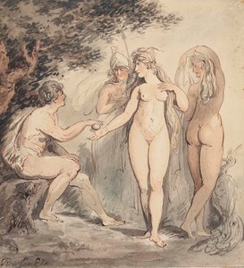 巴黎的审判》，签名 "Rowlandson"（左下），钢笔、棕色墨水和水彩，7 ¼ x 6 ¾ 英寸（18.4 x 17.2 厘米）。(18.4 x 17.2 厘米) 作者 托马斯·罗兰森