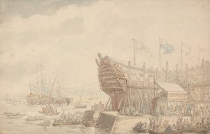 HMS Hibernia 1804的发射 作者 托马斯·罗兰森