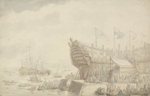 1804年在德文波特发射HMS“ Hibernia”（笔，墨水和纸上水彩） 作者 托马斯·罗兰森