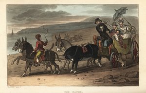 沙滩：沙滩上的驴子拉着巴鲁舍的游客。 托马斯·罗兰森 (Thomas Rowlandson) 手绘铜版画，根据 J. Green 的草图绘制，来自伦敦阿克曼斯卡伯勒的诗意草图 作者 托马斯·罗兰森