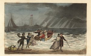 The Water Party: tourists abandon a sea voyage due to bad weather. Handcoloured copperplate engraving by Thomas Rowlandson, aquatint by J.C. Stadler, after a sketch by J. Green from Poetical Sketches of Scarborough, Ackermann, London 作者 托马斯·罗兰森