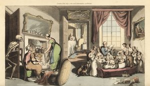 The skeleton of Death appears in the living room of a large family to take a child or newborn baby. Handcoloured copperplate drawn and engraved by Thomas Rowlandson from The English Dance of Death, Ackermann, London 作者 托马斯·罗兰森