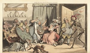 The skeleton of Death comes for Miss Mustard, one of the old Maiden Ladies playing cards in a parlour. Handcoloured copperplate drawn and engraved by Thomas Rowlandson from The English Dance of Death, Ackermann, London 作者 托马斯·罗兰森