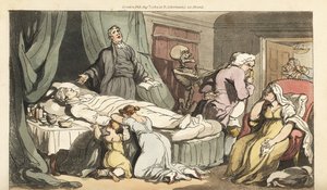 The skeleton of Death comes for the Doctor, as the priest prays over the dead body of a Good Man mourned by his wife and child. Handcoloured copperplate drawn and engraved by Thomas Rowlandson from The English Dance of Death, Ackermann, London 作者 托马斯·罗兰森