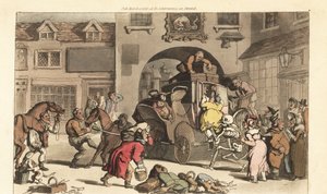 死亡骷髅帮助一个大主母进入致命的最后阶段。 由 Thomas Rowlandson 从伦敦阿克曼的英国死亡之舞中绘制和雕刻的手绘铜版 作者 托马斯·罗兰森