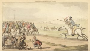 The skeleton of Death rides with a man toward the betting post on a racetrack, while children play a game of lotto. Handcoloured copperplate drawn and engraved by Thomas Rowlandson from The English Dance of Death, Ackermann, London 作者 托马斯·罗兰森
