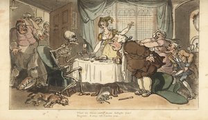 带着飞镖和沙漏的死亡骷髅在他吃晚饭时为饕餮而来。 由 Thomas Rowlandson 绘制和雕刻的手绘铜版，来自伦敦阿克曼的英国死亡之舞 作者 托马斯·罗兰森
