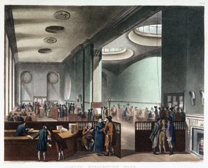 伦敦劳埃德保险公司的承保室，该公司于 17 世纪在英国伦敦塔街爱德华-劳埃德（卒于 1713 年）的咖啡店开始营业。 作者 托马斯·罗兰森