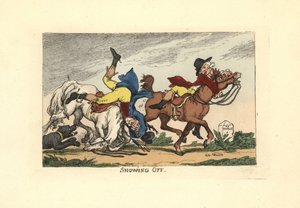 Two men falling off their horses after showing off. Showing Off. 作者 托马斯·罗兰森