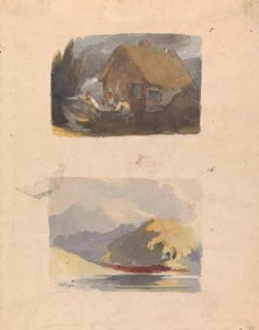 一张纸上两幅画：有人物的小屋（第 15 号）；有河流和山脉的风景--阳光（第 16 号） 作者 托马斯·萨利