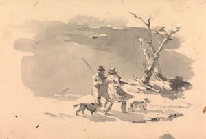 冬季场景中的两个猎人和两只狗 作者 托马斯·萨利