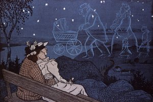 夫妻俩在户外，展望他们的未来：孩子、家庭。 插图：Th.Th. 海涅：Simplicissimus，德国 作者 托马斯·西奥多·海涅