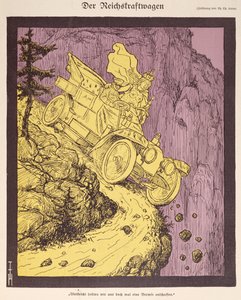 威廉二世（1859-1941 年）驾驶的德意志帝国汽车，1907 年《Simplicissimus》封面插图（彩色石印版） 作者 托马斯·西奥多·海涅