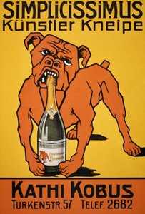 斗牛犬咬香槟瓶的复古海报（海报） 作者 托马斯·西奥多·海涅