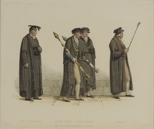 副校长，Esquire Beadle，Yeoman Beadle，Verger，由J. Agar雕刻，出版于R. Ackermann的“牛津历史”，1813年（手工彩色雕刻） 作者 托马斯·尤文斯