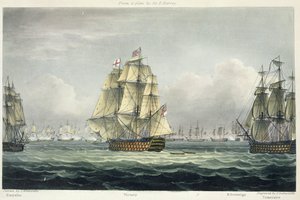 HMS胜利航行于1805年10月21日在特拉法加战役中由Euryalus和HMS Temeraire开辟的法国航线，由T. Sutherland为“英国海军年表”镌刻