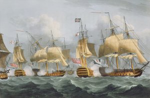 1794年5月29日，在夏洛特女王，打破敌人之路的豪勋爵，1813年由托马斯·萨瑟兰为J.詹金斯的“海军成就”所刻（彩色版画）