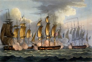 1795年5月17日，LaPrévoyante和La Raison的捕获，来自詹姆斯詹金斯的“英国海军成就”，由Thomas Sutherland雕刻，1817年出版（手工彩色的aquatint）