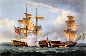 1799年8月20日，La Vestale的捕获，来自James Jenkins的“英国海军成就”，由Thomas Sutherland雕刻，1817年出版（手工彩色）