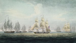 英国皇家海军四艘护卫舰中队指挥官格雷厄姆-摩尔爵士（1764-1843 年）于 10 月 5 日在西班牙加的斯近海俘获西班牙宝藏船队的海军演习。 作者 托马斯·惠特科姆