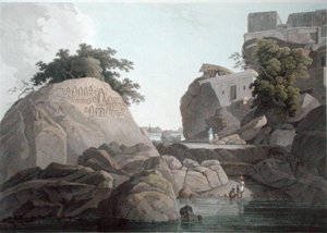 恒河上Fakeers岩石的东南视图，靠近Sultaungunge，板块X来自 "东方风景"，1800年出版（彩色水印）（也见86311）。 作者 托马斯和威廉丹尼尔