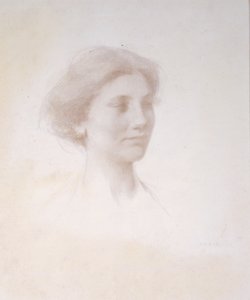 一个女孩的头，c.1909（白色预制垫板上的银点） 作者 托马斯·威尔默·杜温
