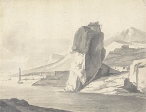 海岸风光（意大利语），有防波堤、高崖和堡垒