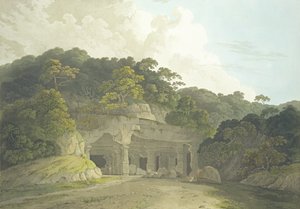 从“东方风光：印度时代的二十四个景色”中的58号象岛入口，出版于1800年 作者 托马斯和威廉丹尼尔