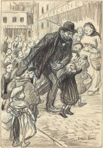 城市街道上的一个人，被孩子们包围着的Un Père，19世纪末至20世纪初。 作者 西奥菲勒·亚历山大·斯坦伦