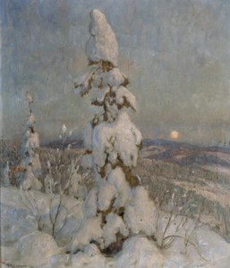 月光下白雪覆盖的云杉（布面油画）