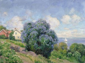 有丁香树丛、房屋和帆船的夏日风景（布面油画）