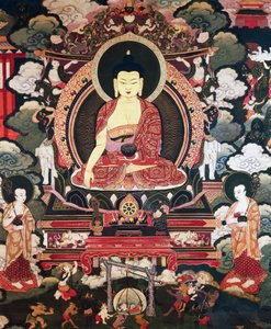 佛陀坐在他的两个大弟子卡里普特拉和毛利耶那之间，《释迦牟尼佛的生活》中的场景，西藏文明 作者 藏族学校