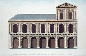 布鲁塞尔格兰维勒红衣主教（1517-86）住宅的侧影，出自皮埃尔-雅克-戈特盖布尔的《选择那些最值得纪念的巴黎皇家古迹、建筑和房屋》，由作者雕刻，1827年出版（水印）。 作者 蒂尔曼·弗朗索瓦（后）苏伊斯