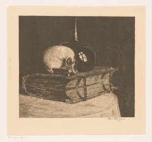 有头骨和圣经的静物画 作者 Titia Heukers（艺术家签名）
