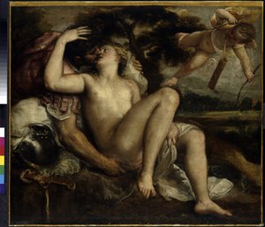 火星、维纳斯和丘比特提香（Titian，约 1490-1576 年）的画作，布面油画，约 1530 年。意大利艺术（威尼斯）