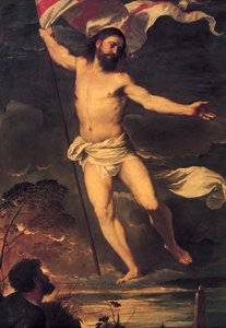 基督的复活，Averoldi祭坛画中央板块的细节，由Tiziano Vecellio（1488-1576）创作，布面油画，278x292厘米，Collegiate Church of Saints Nazario and Celso, Brescia