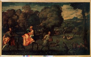 飞往埃及》，约 1508 年（布面油画） 作者 提香（c.1488-1576）