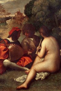 乐队音乐会 音乐家在草地上，女人是赤身裸体。 细节。 绘画归功于 Tiziano Vecellio dit le Titian (1485-1576) 或 Giorgio da Castelfranco dit Giorgione (1476/1478-1510) Sun。 1,05 X 1,36 m 巴黎，卢浮宫博物馆