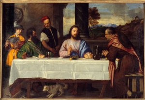 在以马忤斯的晚餐 与佩莱林会面耶稣。 由 Tiziano Vecellio dit le Titian (1485-1576) 绘制的 16 世纪太阳。 1,69x2,44 m 作者 提香（c.1488-1576）