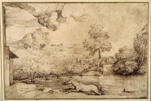 风景：被蛇追赶的无骑马（米色纸上的钢笔和棕色墨水） 作者 提香（c.1488-1576）