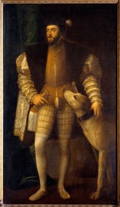 35 岁的查理五世皇帝（1500 - 1558）与他的狗 Sampere 的肖像。 Tiziano Vecellio dit Le Titian (1485-1576) 作者 蒂齐亚诺·韦切利（Tiziano Vecelli）