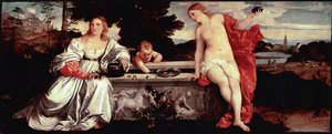 Tiziano Vecellio 的《神圣的爱与世俗的爱》画作提香 (1490-1576) 约 1515 年。 太阳。 118x279 厘米罗马，博尔盖塞美术馆 - 神圣和亵渎的爱 - 由 Tiziano Vecellio 作画，称为提香（约 1488-1576 年），布面油画，约 1515 (118x279) 作者 蒂齐亚诺·韦切利（Tiziano Vecelli）
