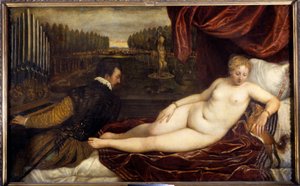 音乐会联合国女人裸体谎言 en pres un homme 演奏风琴。 Tiziano Vecellio 的画作《提香》（1485-1576）